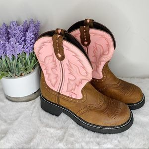 New Justin Boots Gemma Pink and Brown Leather Cowgirl Boots in Big Kids Size 7